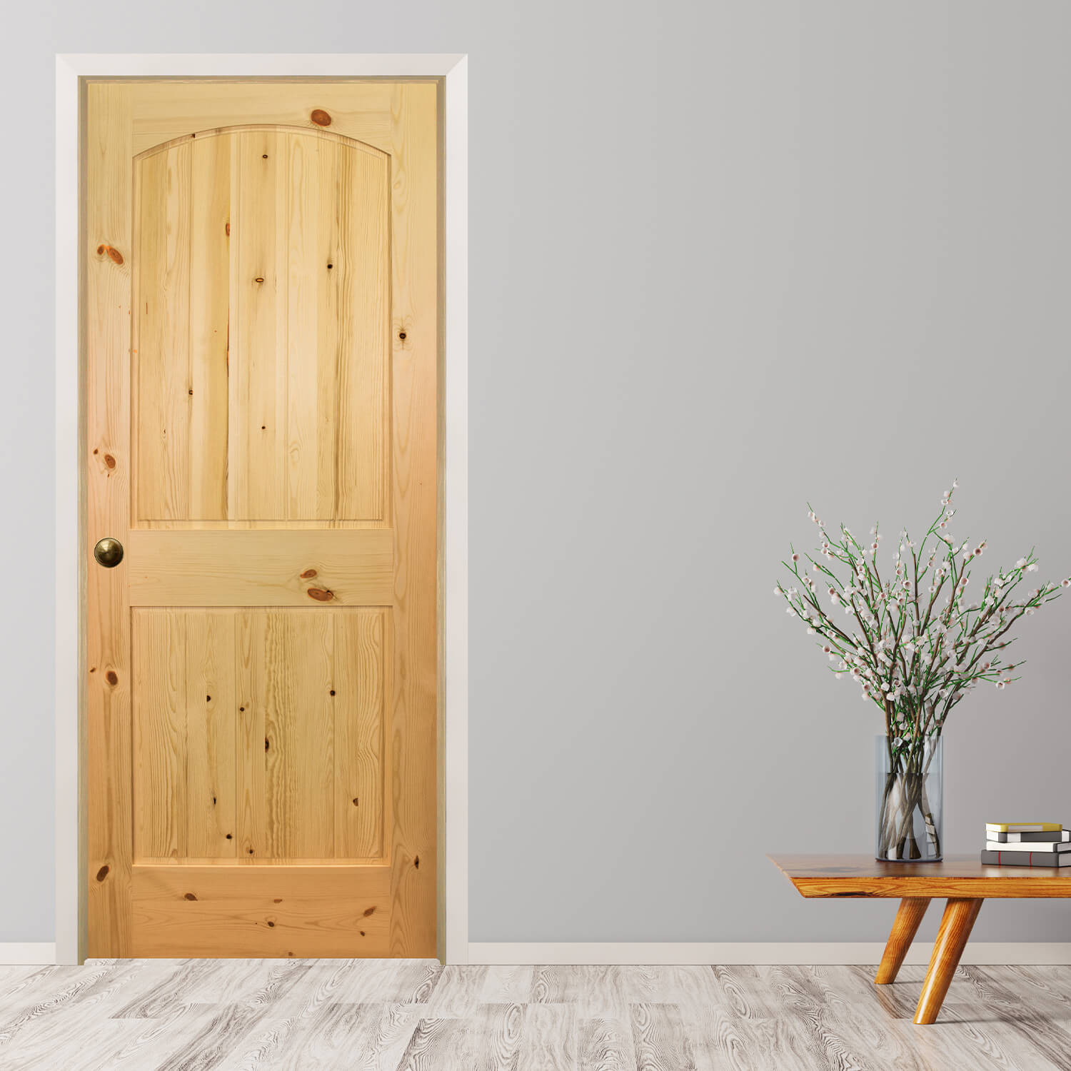 Knotty Pine 2-Panel Arch Plank Raised Finished in Minwax Natural